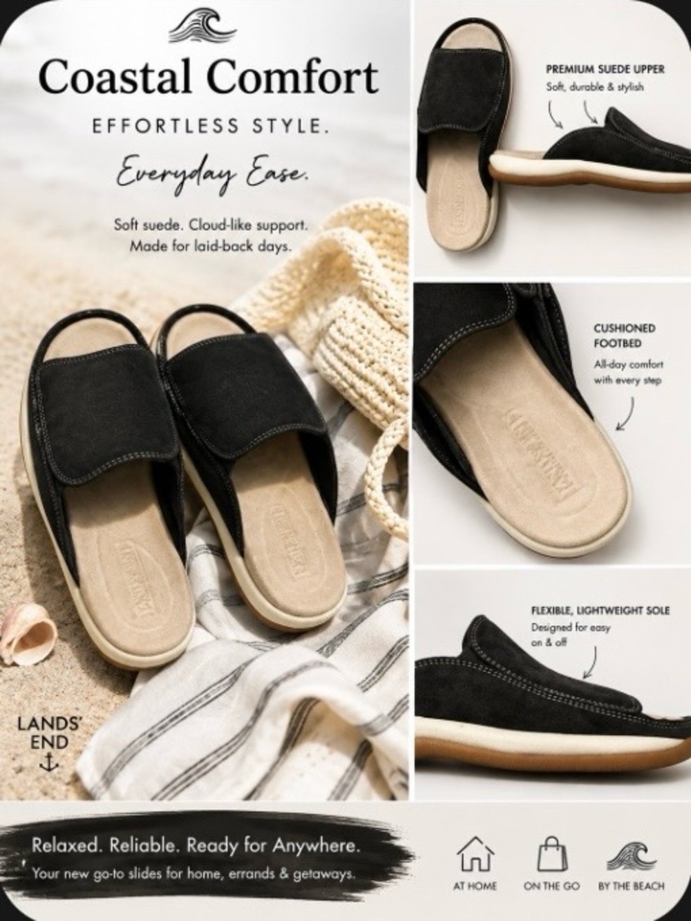 Lands' End Comfort Suede Slide Sandals Black Women's Size 8 Coastal Grandma